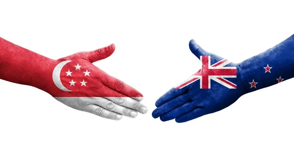 Handshake New Zealand Singapore Flags Painted Hands Isolated Transparent Image — Stock Photo, Image