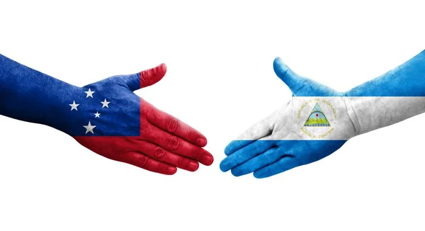 Saludo Entre Banderas Nicaragua Samoa Pintadas Las Manos Imagen Transparente —  Fotos de Stock