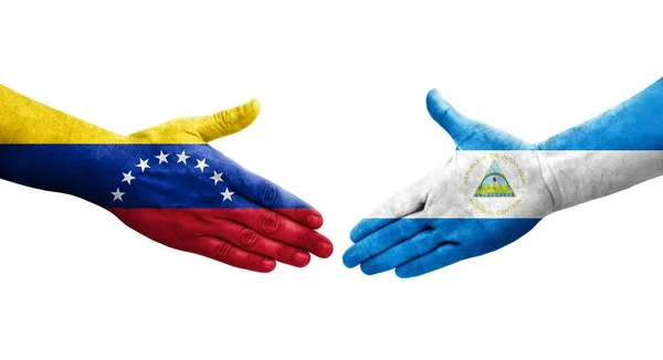 Batido Manos Entre Banderas Nicaragua Venezuela Pintadas Las Manos Imagen —  Fotos de Stock