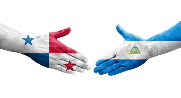 Рукопожатие Между Флагом Никарагуа Флагом Панамы Нарисованное Руках Изолированное Прозрачное — стоковое фото