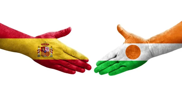 手绘尼日尔和西班牙国旗握手 孤立透明的图像 — 图库照片