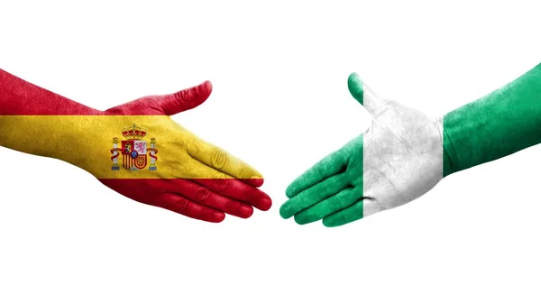 尼日利亚和西班牙之间的握手 手绘国旗 孤立透明的图像 — 图库照片