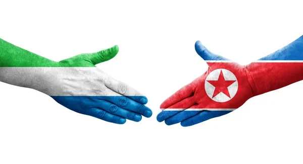 Aperto Mão Entre Coreia Norte Bandeiras Serra Leoa Pintadas Mãos — Fotografia de Stock