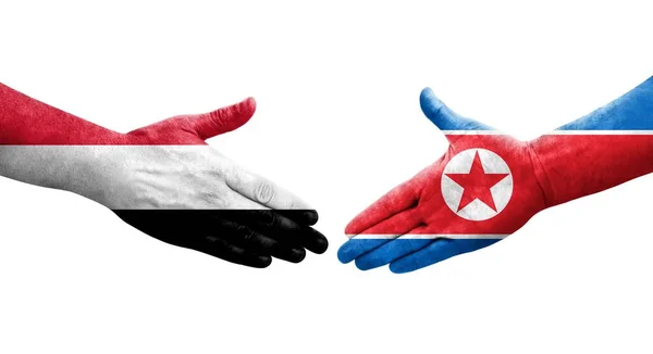 Aperto Mão Entre Coreia Norte Bandeiras Iémen Pintadas Mãos Imagem — Fotografia de Stock
