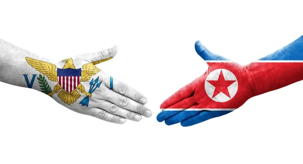 Handshake Entre Coreia Norte Ilhas Virgens Bandeiras Pintadas Mãos Imagem — Fotografia de Stock
