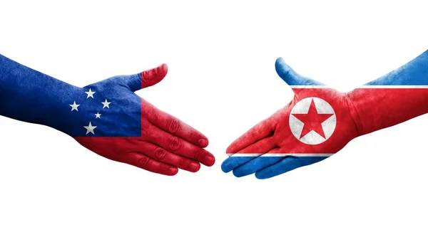 Aperto Mão Entre Coreia Norte Bandeiras Samoa Pintadas Mãos Imagem — Fotografia de Stock