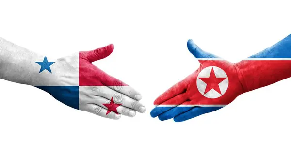 Apretón Manos Entre Corea Del Norte Panamá Banderas Pintadas Las — Foto de Stock