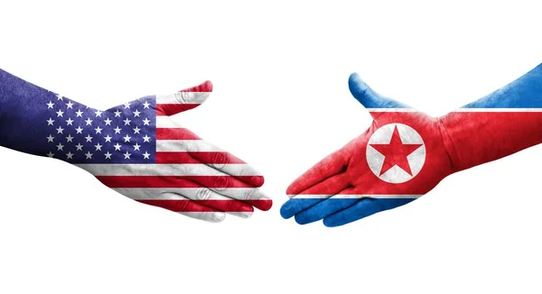 Uścisk Dłoni Między Koreą Północną Usa Flagi Malowane Rękach Odizolowany — Zdjęcie stockowe
