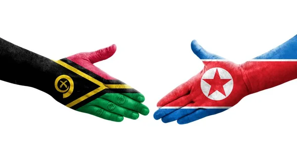 Aperto Mão Entre Coreia Norte Bandeiras Vanuatu Pintadas Mãos Imagem — Fotografia de Stock