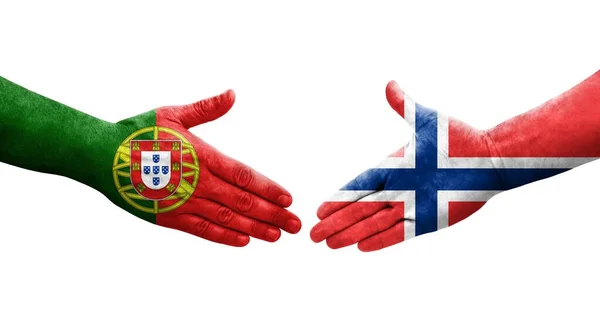 Apretón Manos Entre Noruega Portugal Banderas Pintadas Las Manos Imagen —  Fotos de Stock