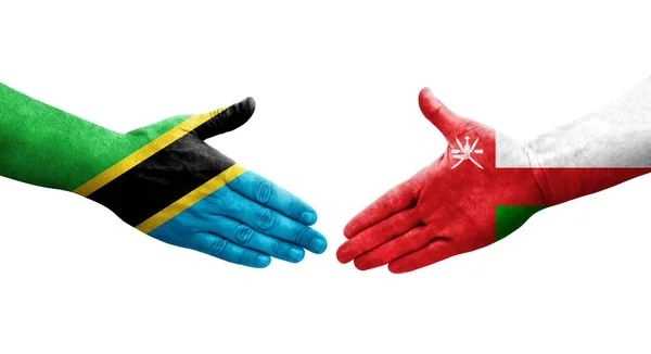 Aperto Mão Entre Bandeiras Omã Tanzânia Pintadas Mãos Imagem Transparente — Fotografia de Stock