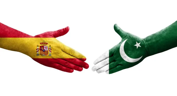 Uścisk Dłoni Między Pakistanem Hiszpanią Flagi Malowane Rękach Odizolowany Przezroczysty — Zdjęcie stockowe