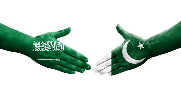 Händedruck Zwischen Pakistanischen Und Saudi Arabischen Flaggen Auf Hände Gemaltes — Stockfoto