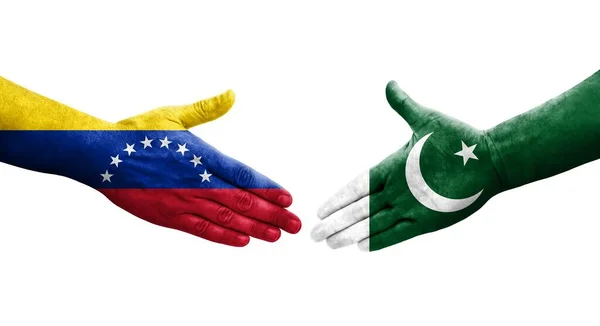 Χειραψία Μεταξύ Πακιστάν Και Βενεζουέλας Σημαίες Ζωγραφισμένα Στα Χέρια Απομονωμένη — Φωτογραφία Αρχείου