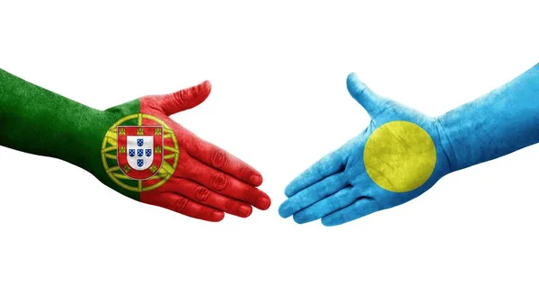 Händedruck Zwischen Palau Und Portugal Flaggen Auf Händen Gemalt Isoliertes — Stockfoto