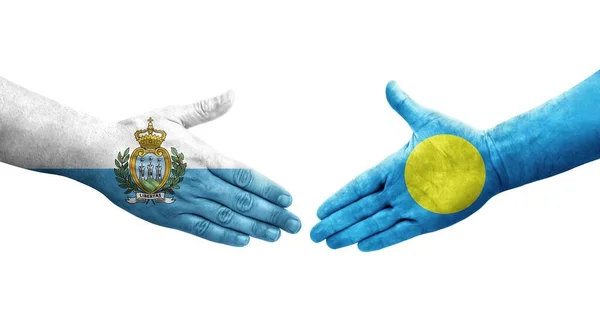 Handshake Palau San Marino Flags Painted Hands Isolated Transparent Image — Stock Photo, Image