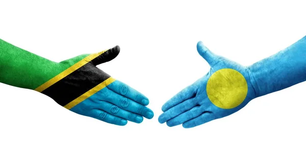 Aperto Mão Entre Palau Tanzânia Bandeiras Pintadas Mãos Imagem Transparente — Fotografia de Stock