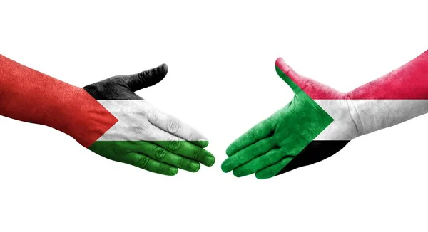 Stretta Mano Tra Palestina Sudan Bandiere Dipinte Mani Isolata Immagine — Foto Stock