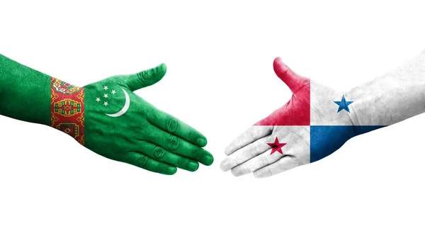 Рукостискання Між Панамським Туркменізьким Прапорами Намальоване Руках Ізольоване Прозоре Зображення — стокове фото