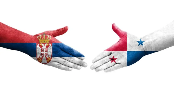 Händedruck Zwischen Den Flaggen Panamas Und Serbiens Isoliertes Transparentes Bild — Stockfoto