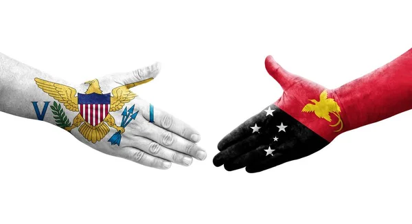 Händedruck Zwischen Flaggen Papua Neuguineas Und Der Jungferninseln Auf Hände — Stockfoto