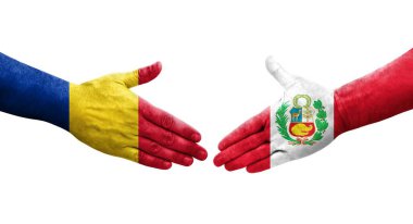 Peru ve Romanya bayrakları arasındaki el sıkışma, izole edilmiş şeffaf görüntü.