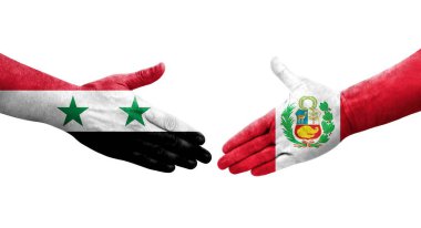Peru ve Suriye bayrakları arasındaki el sıkışma, izole şeffaf görüntü.