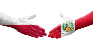 Peru ve Polonya arasındaki el sıkışma ellerinde bayraklar, izole edilmiş şeffaf görüntü.