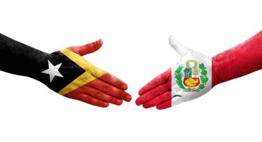 Peru ve Timor Leste bayrakları arasındaki tokalaşma elleri boyalı, izole şeffaf görüntü.