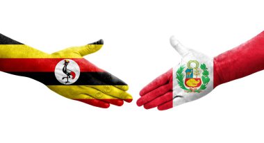 Peru ve Uganda bayrakları arasındaki el sıkışma, izole şeffaf görüntü.