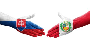 Peru ve Slovakya bayrakları arasındaki el sıkışma, izole edilmiş şeffaf görüntü.