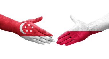 Polonya ve Singapur bayrakları arasındaki el sıkışma el yazısı, izole şeffaf görüntü.