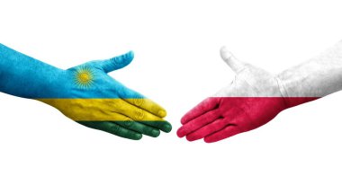 Polonya ve Ruanda bayrakları arasındaki el sıkışma, izole şeffaf görüntü.