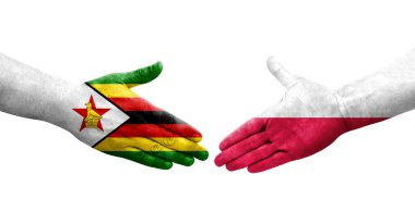 Polonya ve Zimbabwe bayrakları arasında el sıkışma, izole şeffaf görüntü.