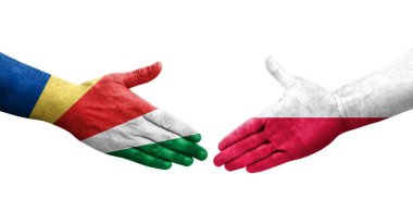 Polonya ve Seyşeller arasındaki el sıkışma ellerinde boyanmış bayraklar, izole şeffaf görüntü.