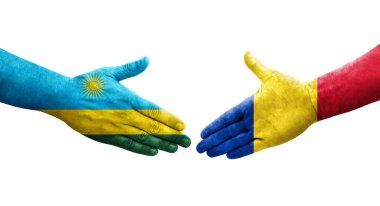 Romanya ile Ruanda bayrakları arasındaki tokalaşma elleri boyalı, izole şeffaf görüntü.