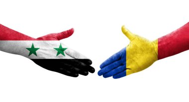 Romanya ile Suriye bayrakları arasındaki el sıkışma, izole edilmiş şeffaf görüntü.
