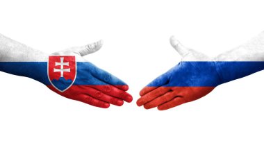 Rusya ile Slovakya bayrakları arasındaki el sıkışma, izole edilmiş şeffaf görüntü.