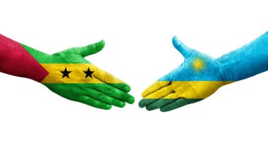 Ruanda ve Sao Tome ve Principe bayrakları arasındaki tokalaşma elleri boyalı, izole şeffaf görüntü.