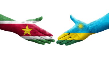 Ruanda ve Surinam bayrakları arasında el sıkışma, izole şeffaf görüntü.