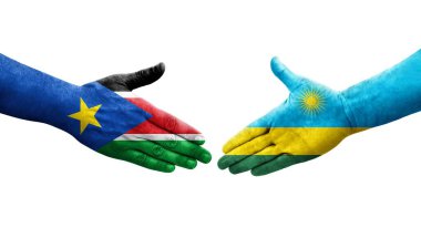Ruanda ve Güney Sudan bayrakları arasında el sıkışma, izole şeffaf görüntü.