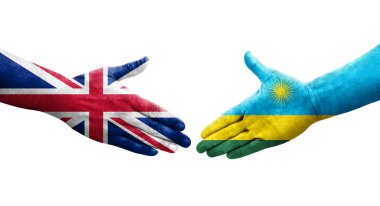 Ruanda ve Birleşik Krallık bayrakları arasında el sıkışma, izole şeffaf görüntü.