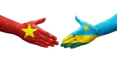 Ruanda ve Vietnam bayrakları arasındaki tokalaşma ellerinde, izole edilmiş şeffaf görüntü.