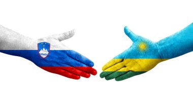 Ruanda ve Slovenya bayrakları arasında el sıkışma, izole şeffaf görüntü.