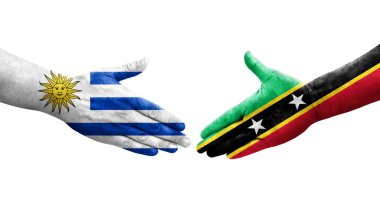 Saint Kitts, Nevis ve Uruguay bayrakları arasındaki el sıkışma..