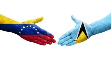 Saint Lucia ve Venezuela bayrakları arasındaki el sıkışma ellerinde izole şeffaf görüntü.