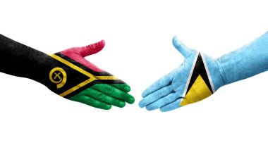 Saint Lucia ve Vanuatu bayrakları arasındaki el sıkışma, izole şeffaf görüntü.