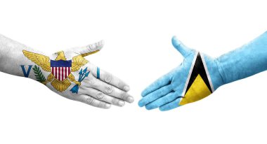 Saint Lucia ve Virgin Adaları arasındaki el sıkışma ellerinde boyanmış bayraklar, izole şeffaf görüntü.
