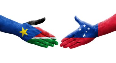 Samoa ve Güney Sudan bayrakları arasındaki tokalaşma elleri boyalı, izole şeffaf görüntü.