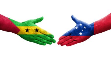 Samoa ve Sao Tome ve Principe bayrakları arasındaki tokalaşma elleri boyalı, izole şeffaf görüntü.